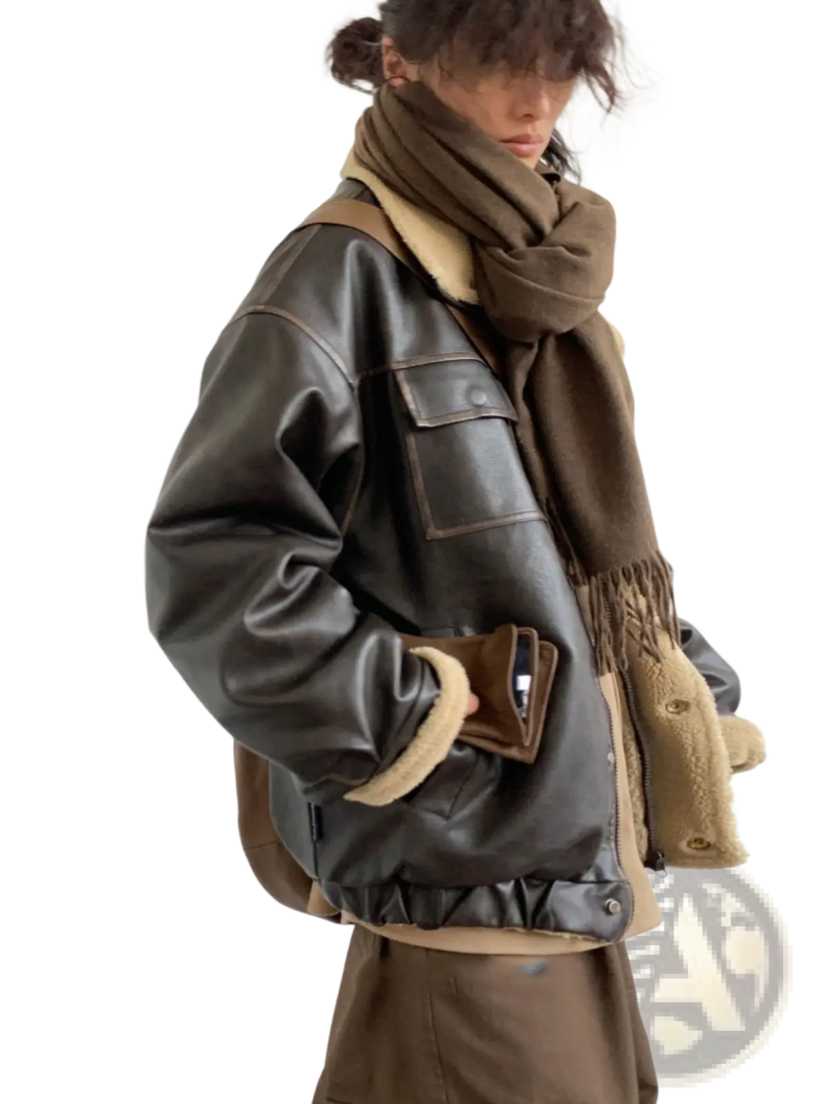 Maillard Leather Bomber Jacket with Shearling Lining
