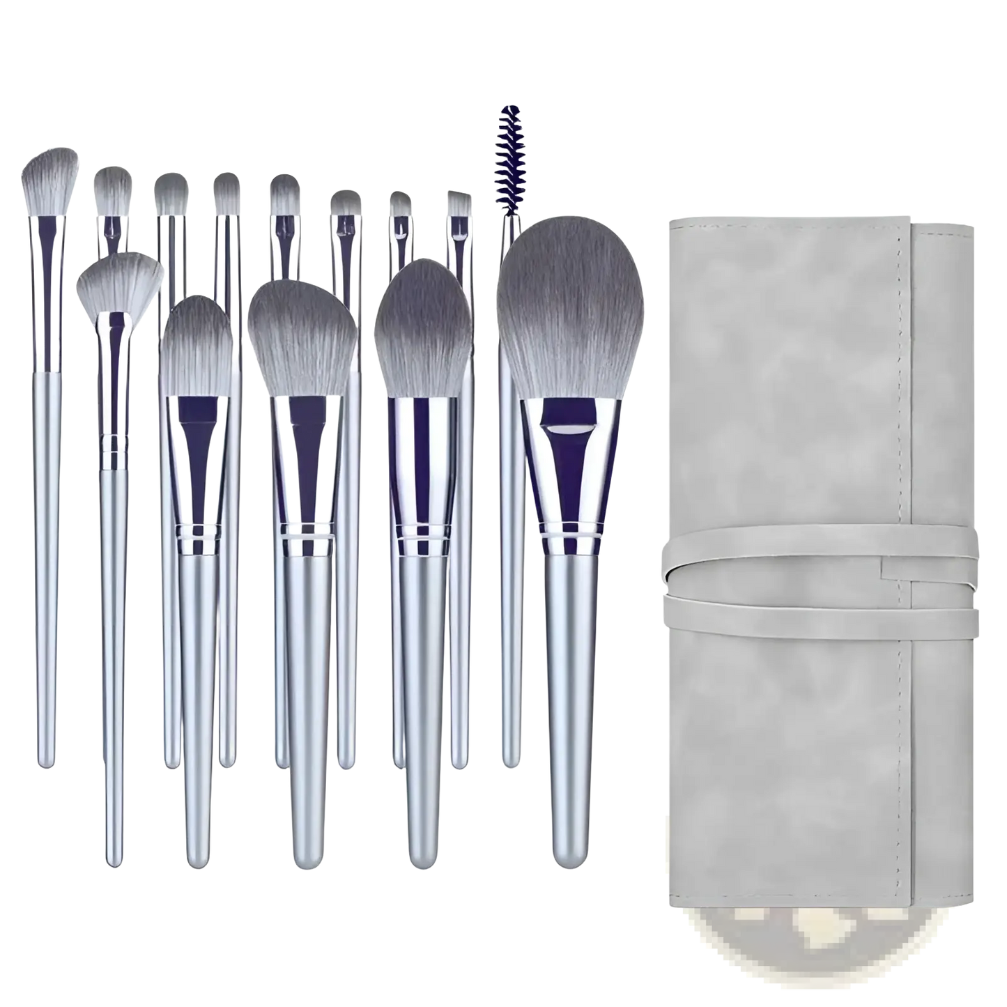 Makeup Brush Set with 15 Silver Pieces and Case