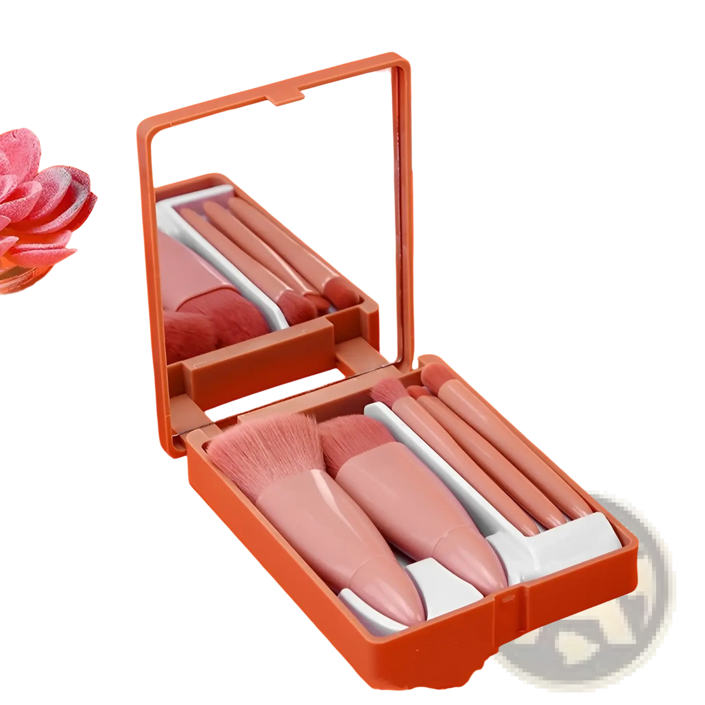 Makeup Brush Set with Mirror 5 Piece Portable Pink Kit