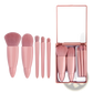 Makeup Brush Set with Mirror 5 Piece Portable Pink Kit