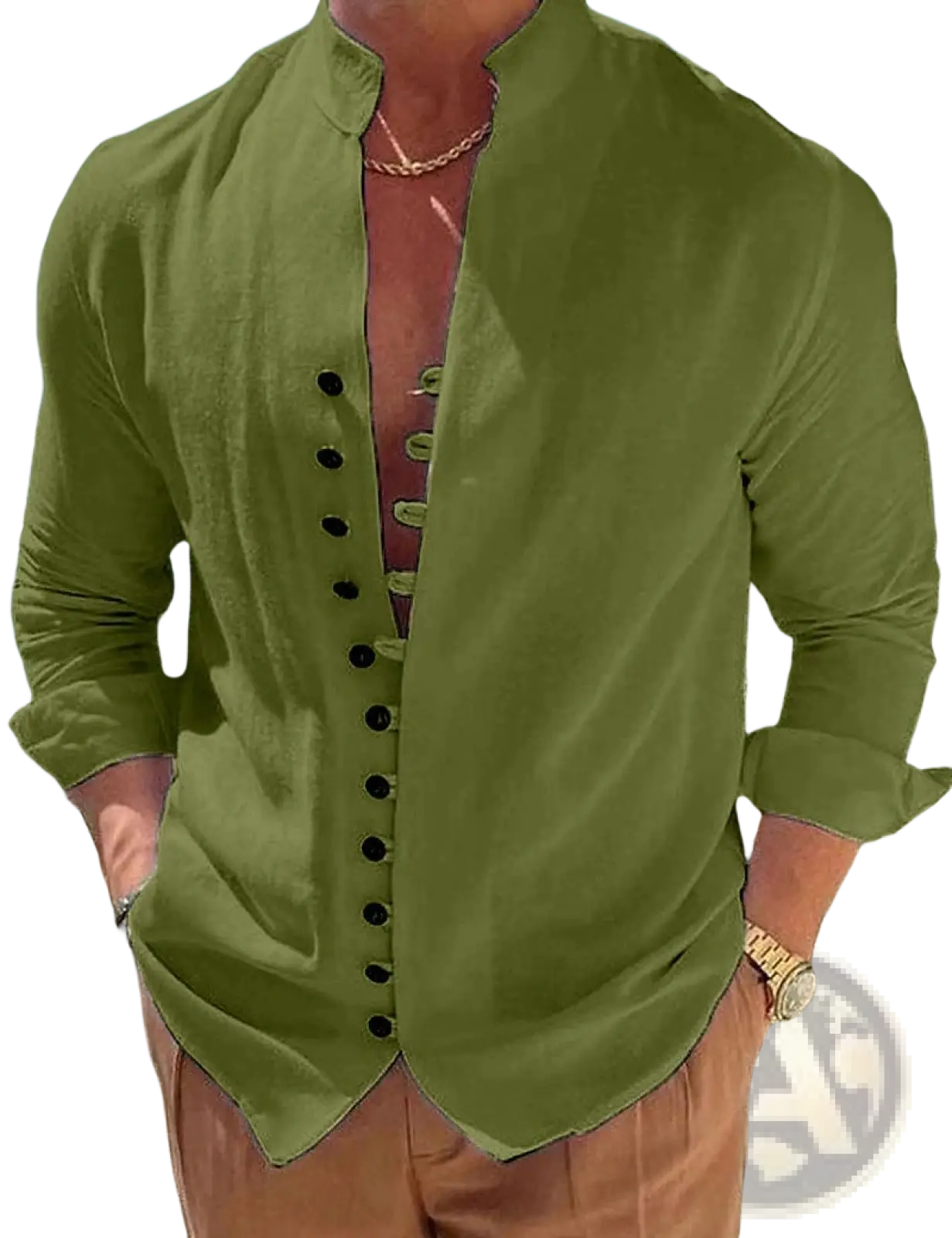 Mandarin Collar Linen Blend Wrinkle Resistant Casual Shirt