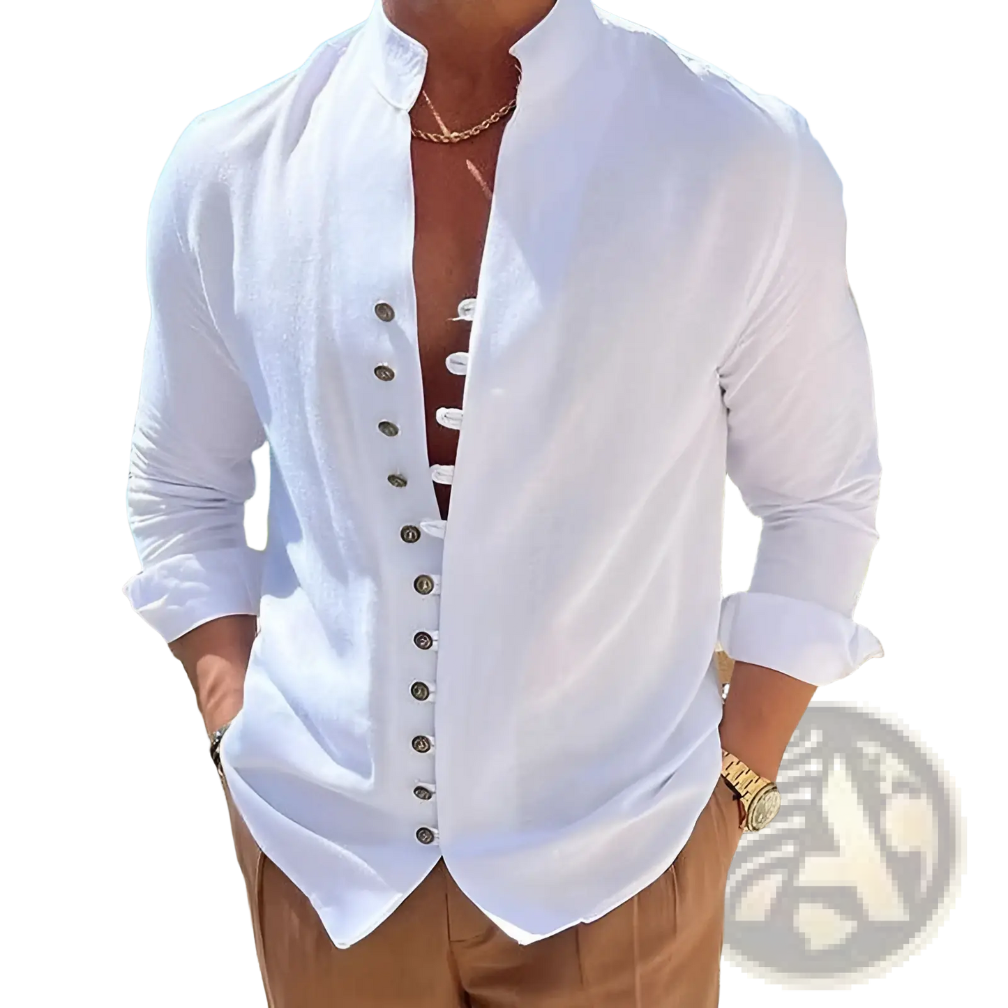 Mandarin Collar Linen Blend Wrinkle Resistant Casual Shirt