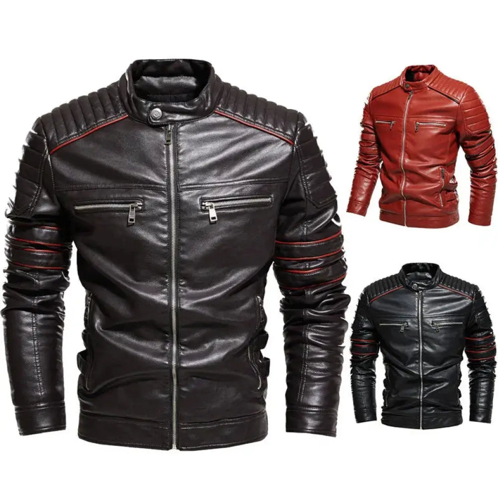 Men's Fleece Lined Leather Motorcycle Jacket with Red Stitching