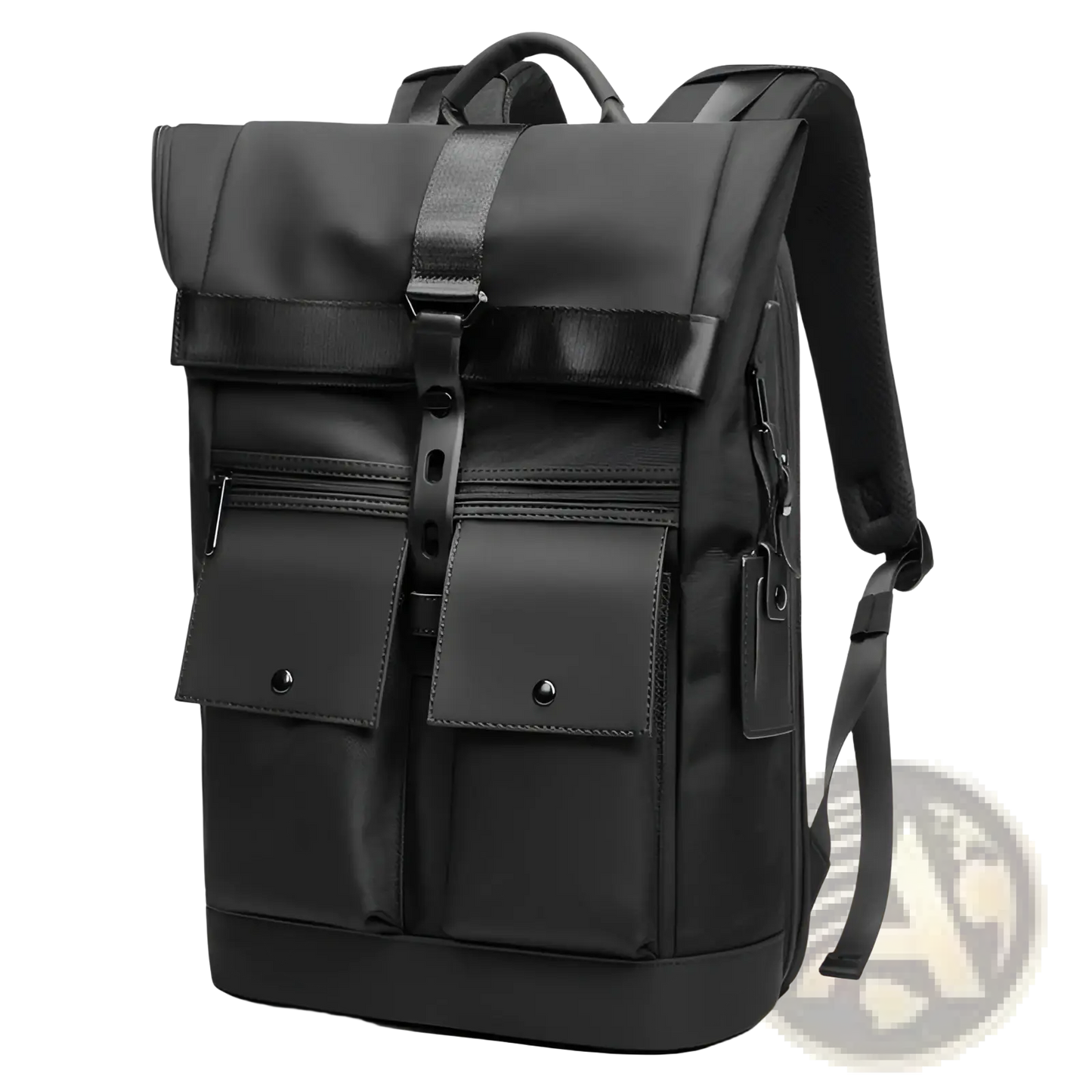 Men's 16 Inch Roll Top Laptop Backpack Black Nylon