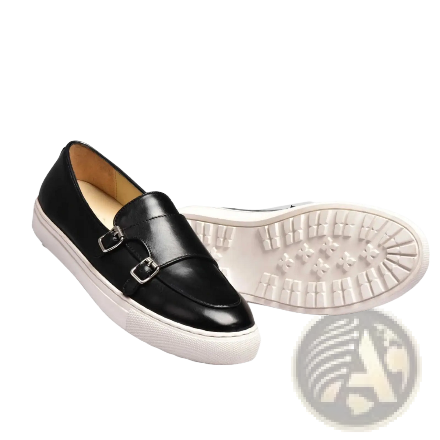 Men's Black Leather Buckle Slip on Loafers