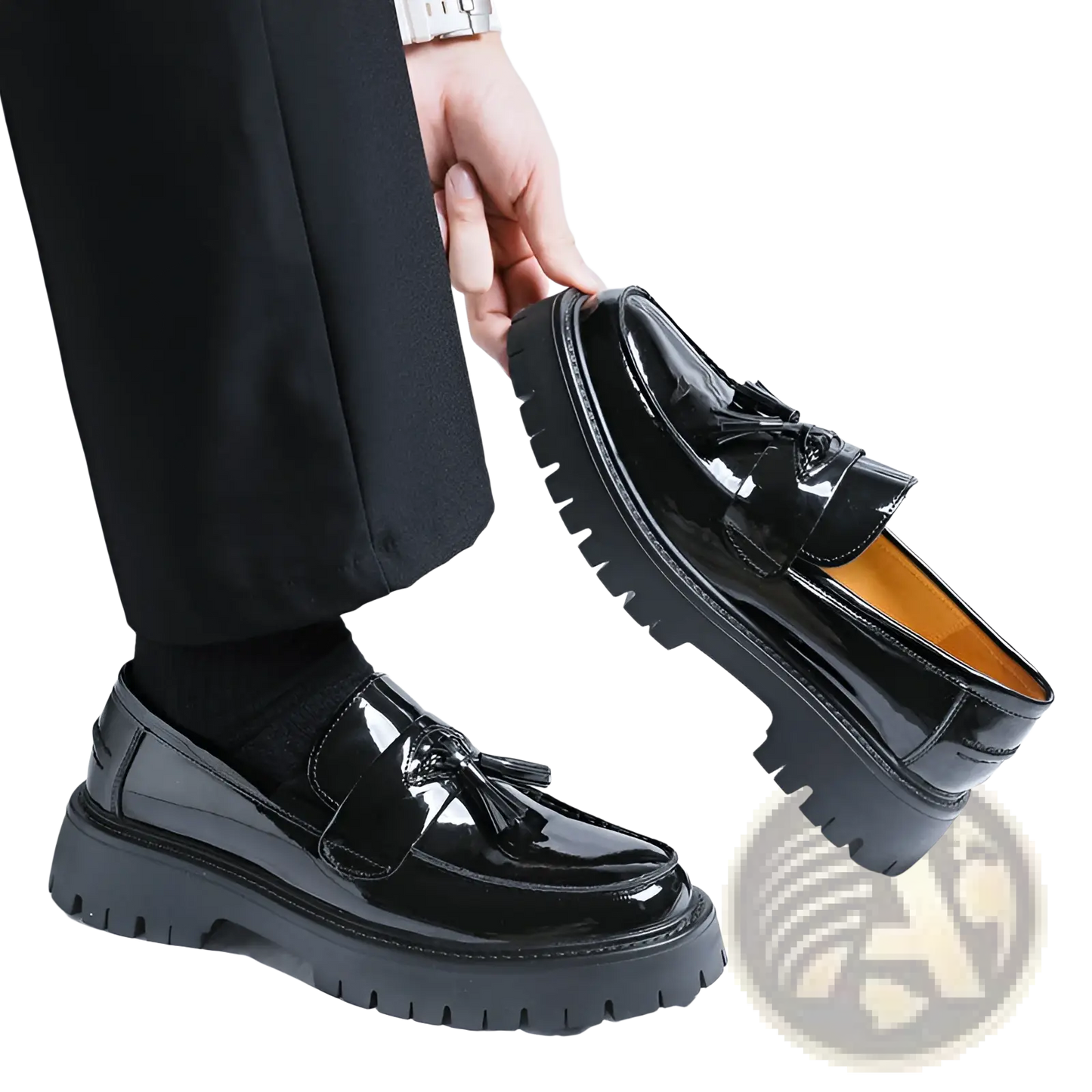 Men's Black Patent Leather Tassel Platform Shoes