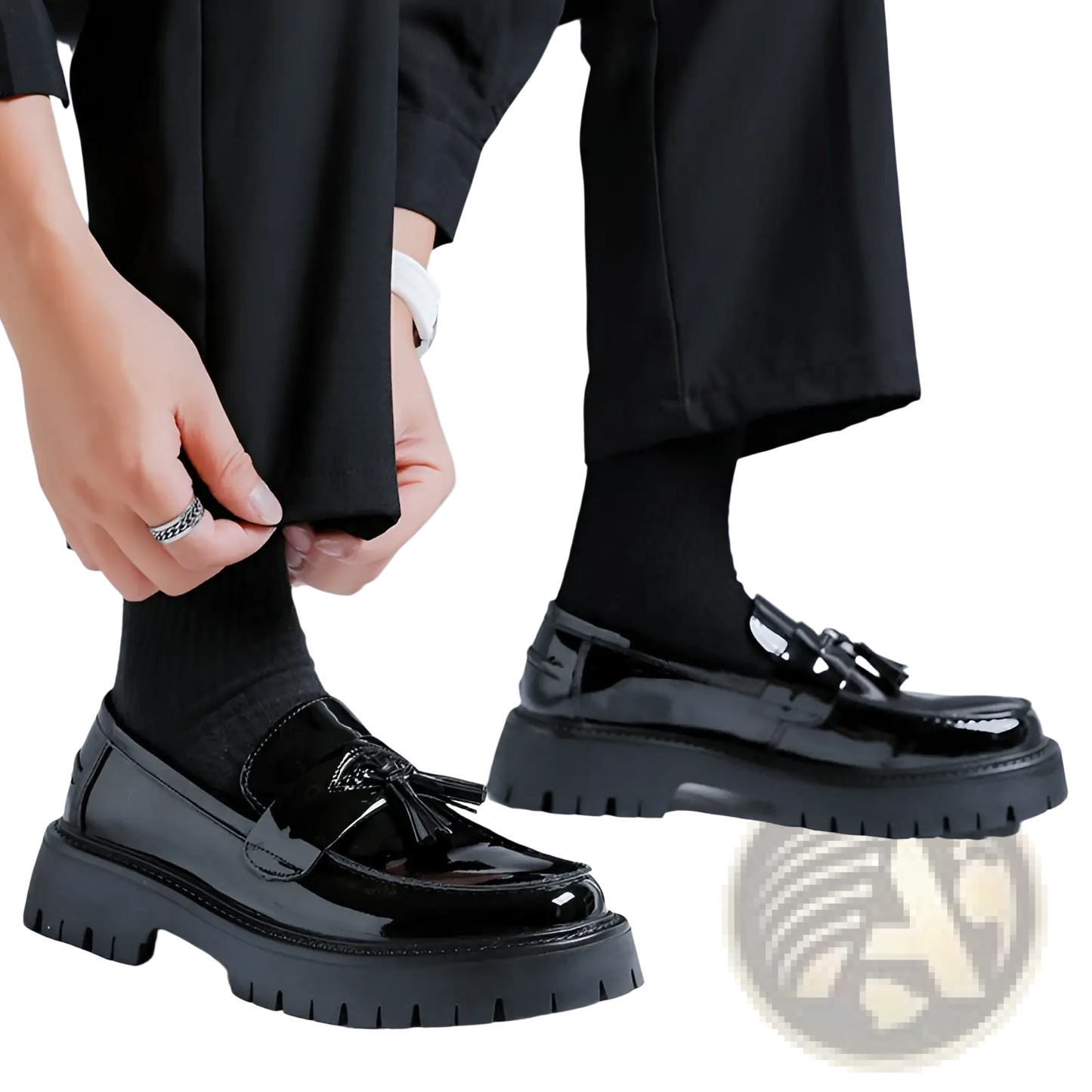 Men's Black Patent Leather Tassel Platform Shoes