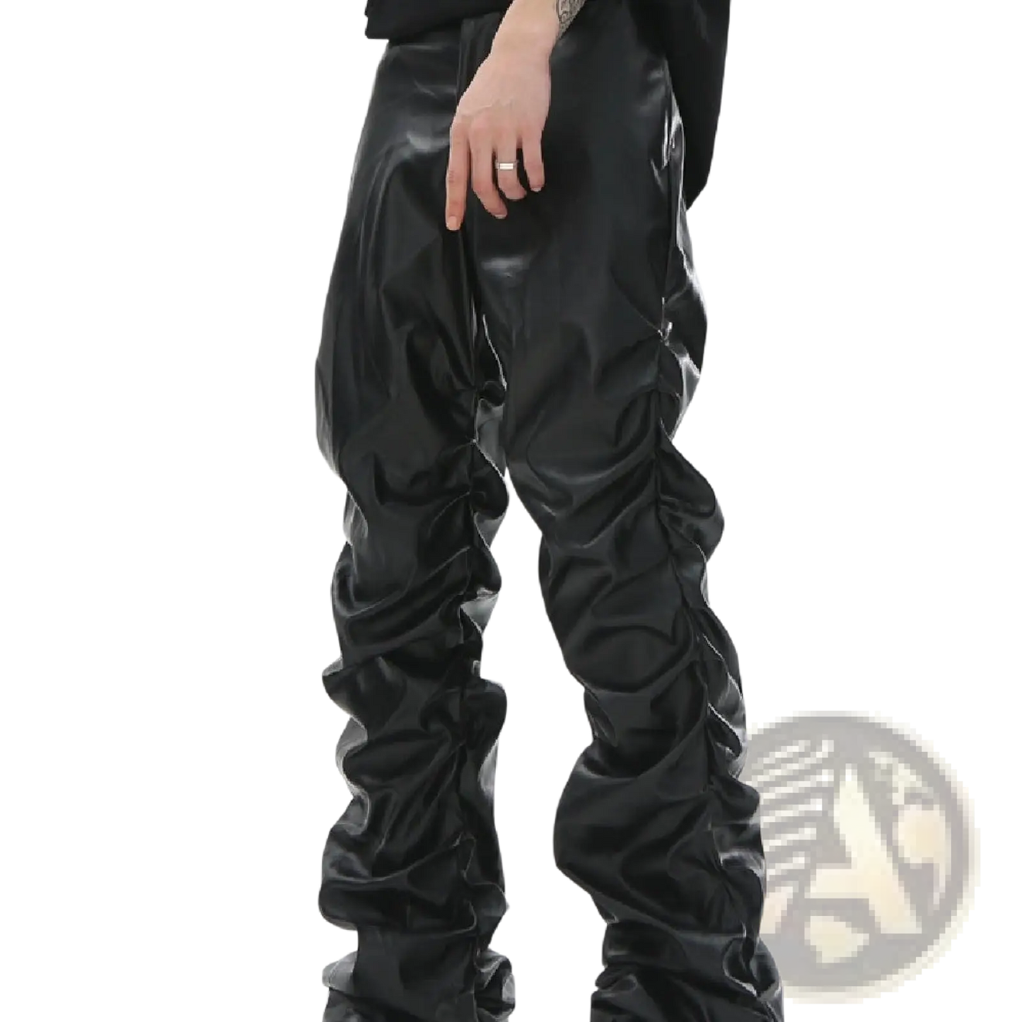 Men's Black Ruched Glossy Faux Leather Tapered Pants