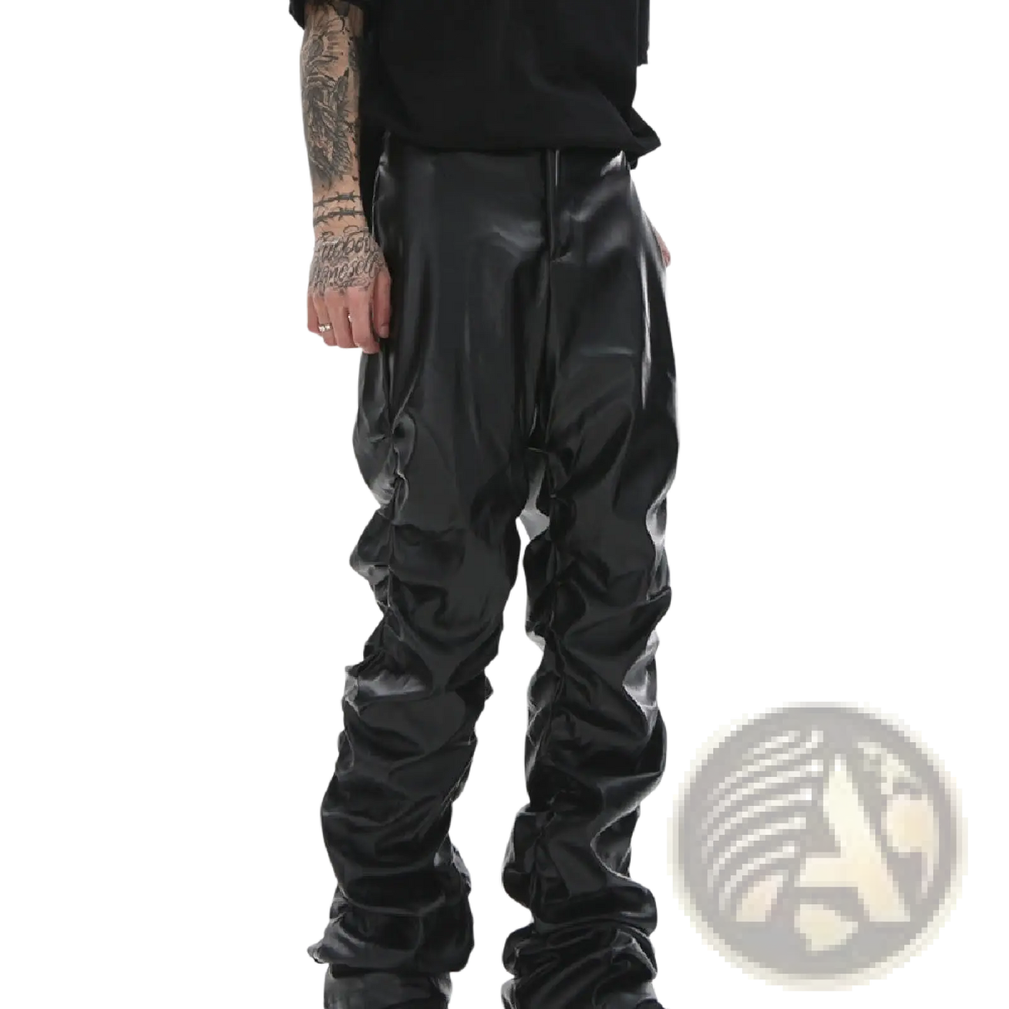 Men's Black Ruched Glossy Faux Leather Tapered Pants