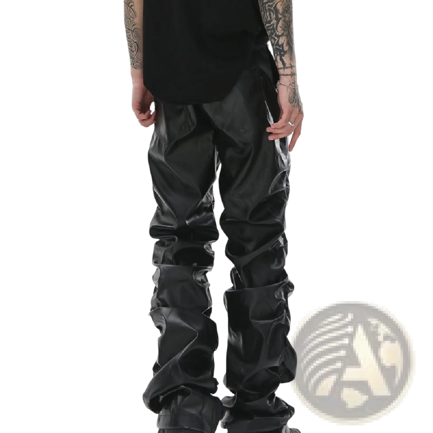 Men's Black Ruched Glossy Faux Leather Tapered Pants
