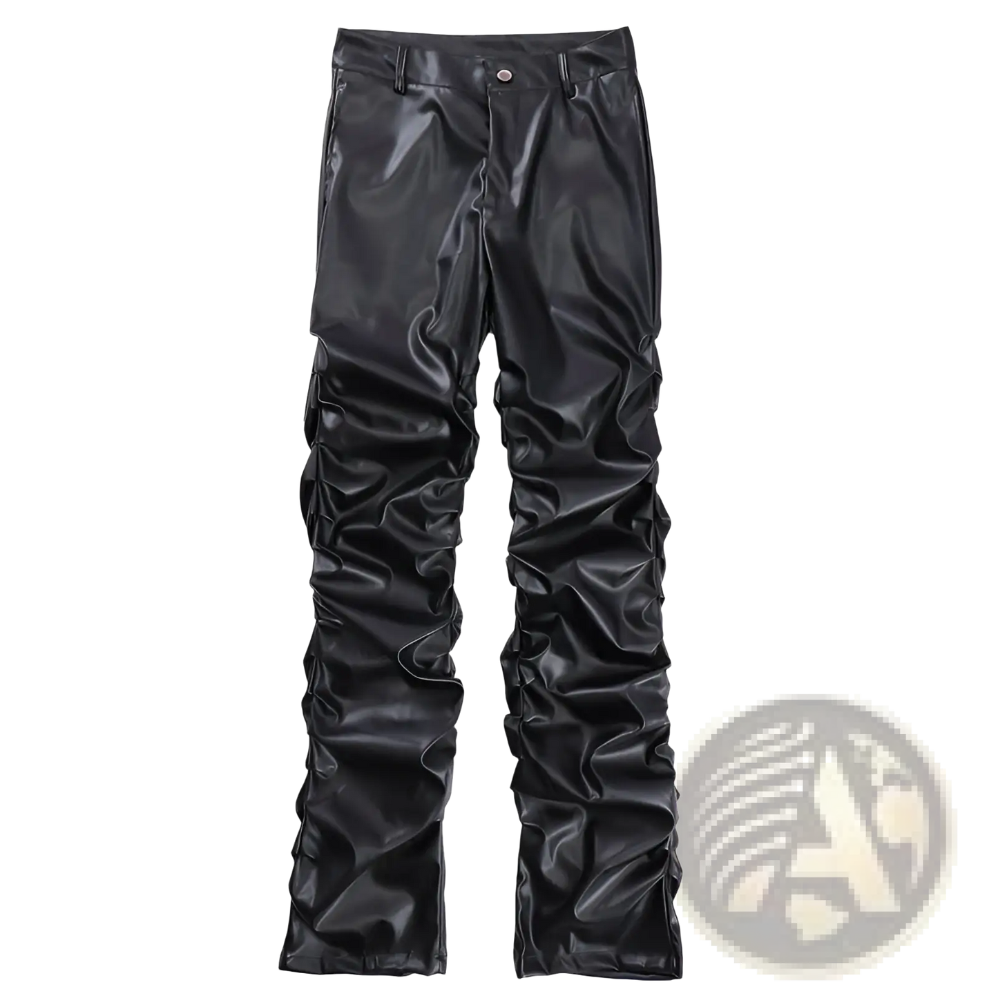 Men's Black Ruched Glossy Faux Leather Tapered Pants