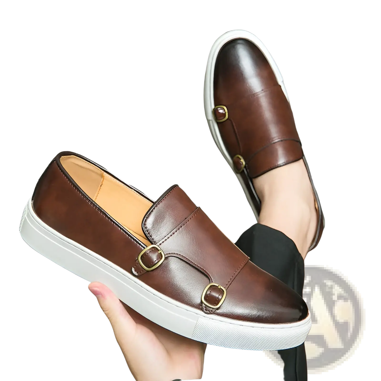Men's Business Casual Double Buckle Leather Sneakers