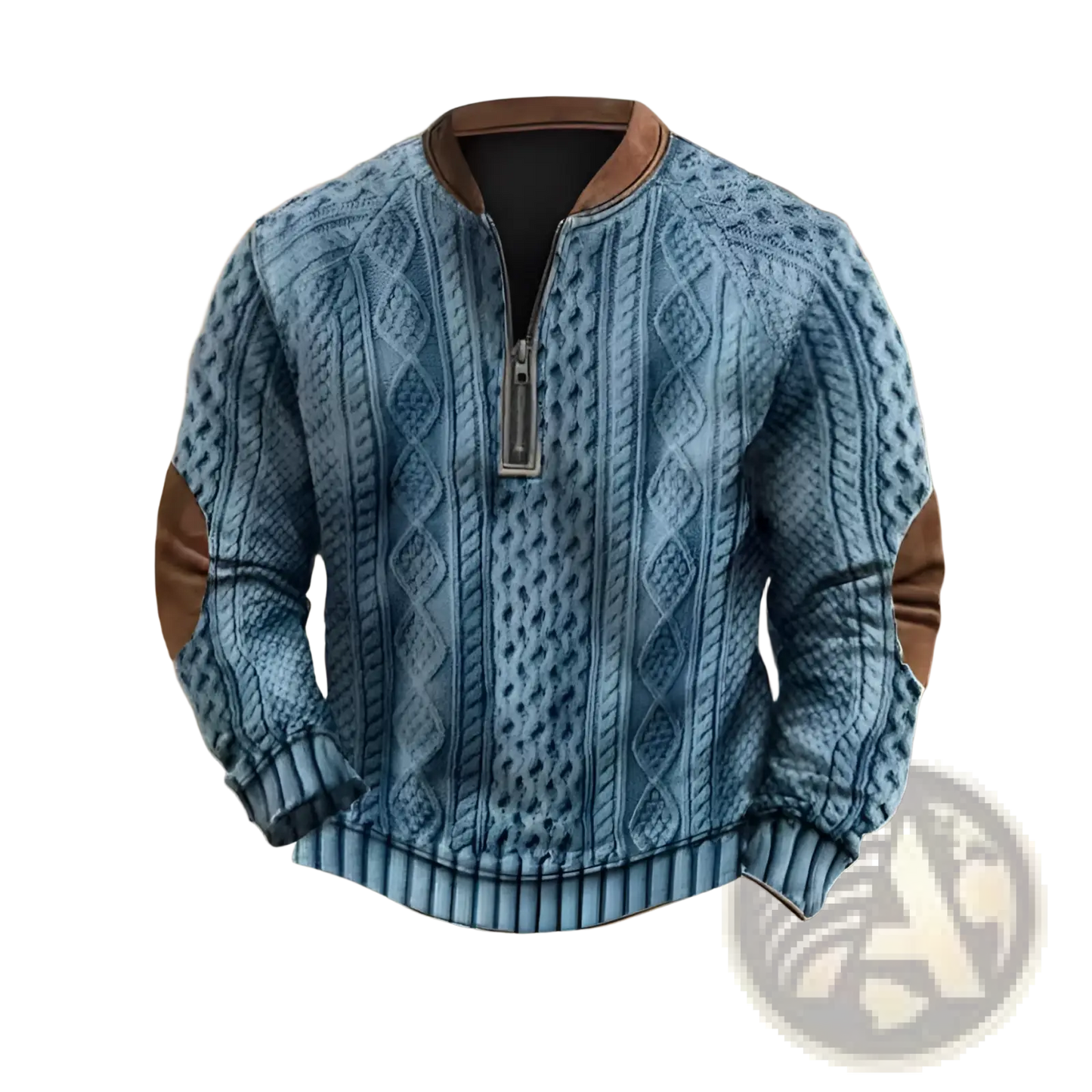 Men's Cable Knit Half Zip Sweater with Leather Accents