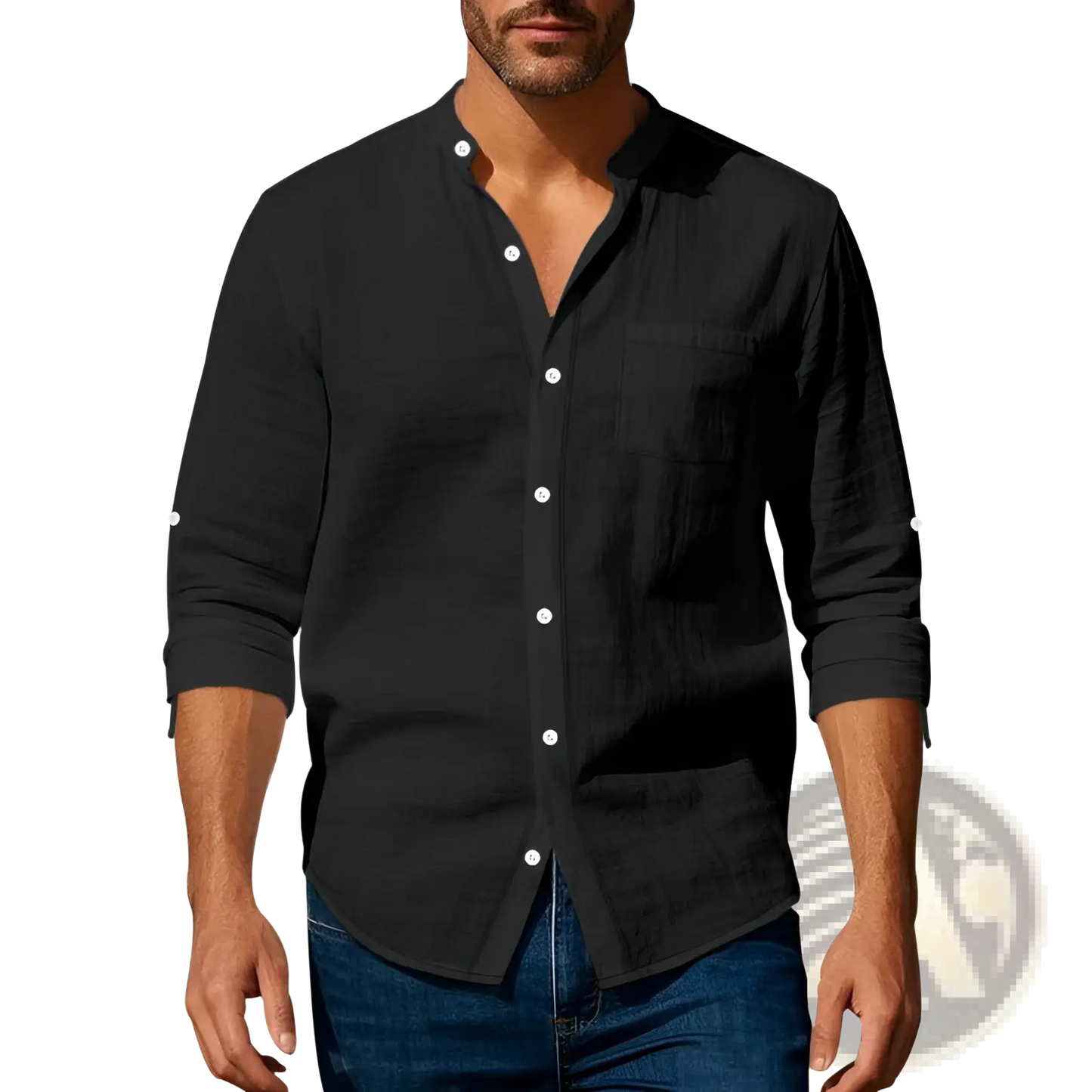 Men's Casual Linen Stand Collar Long Sleeve Shirt