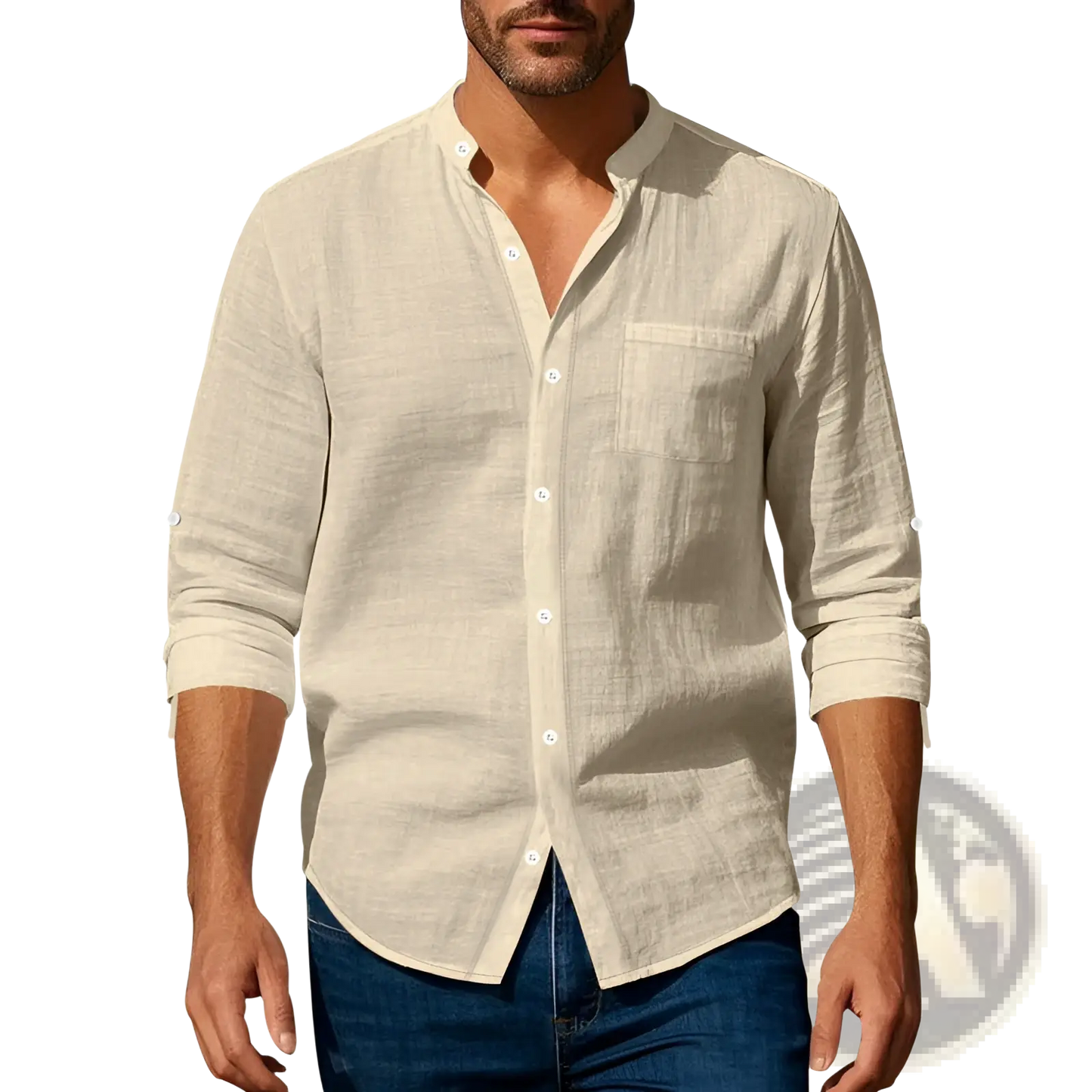 Men's Casual Linen Stand Collar Long Sleeve Shirt