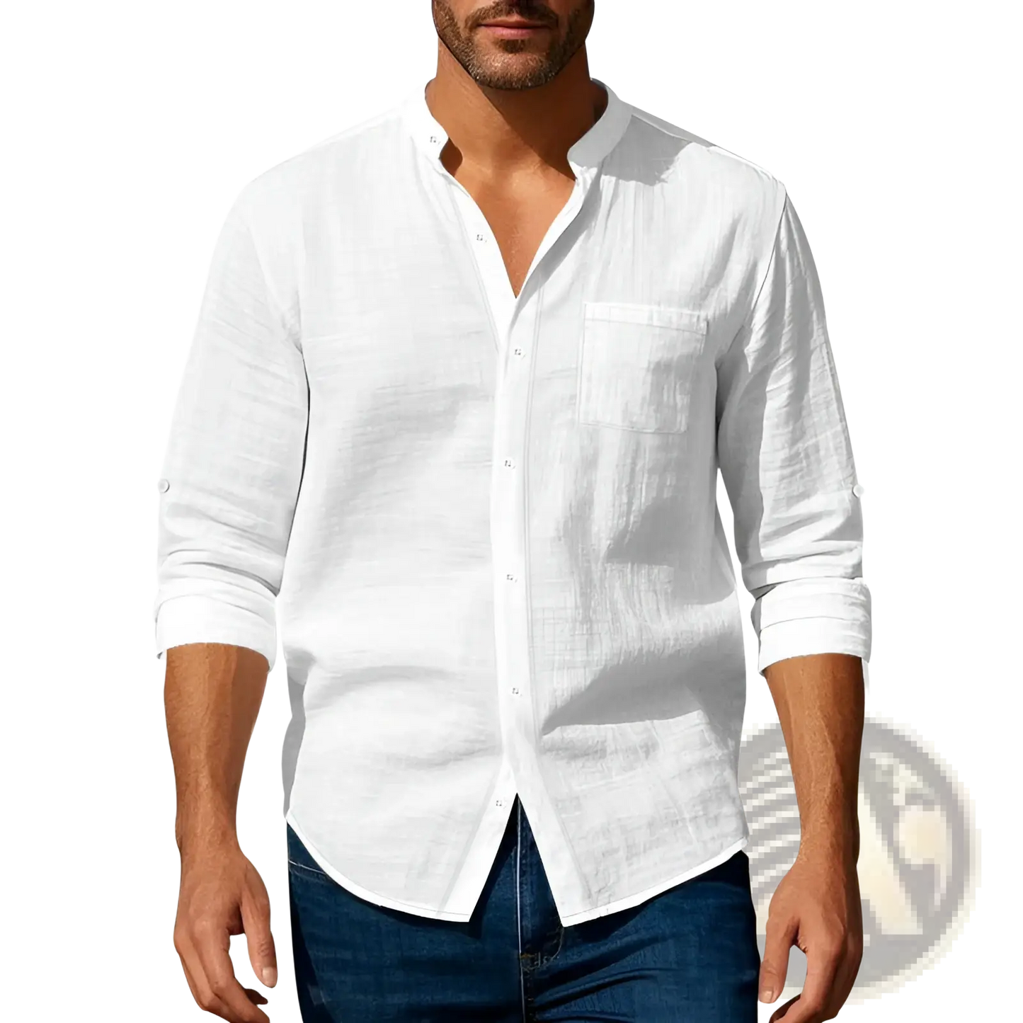 Men's Casual Linen Stand Collar Long Sleeve Shirt