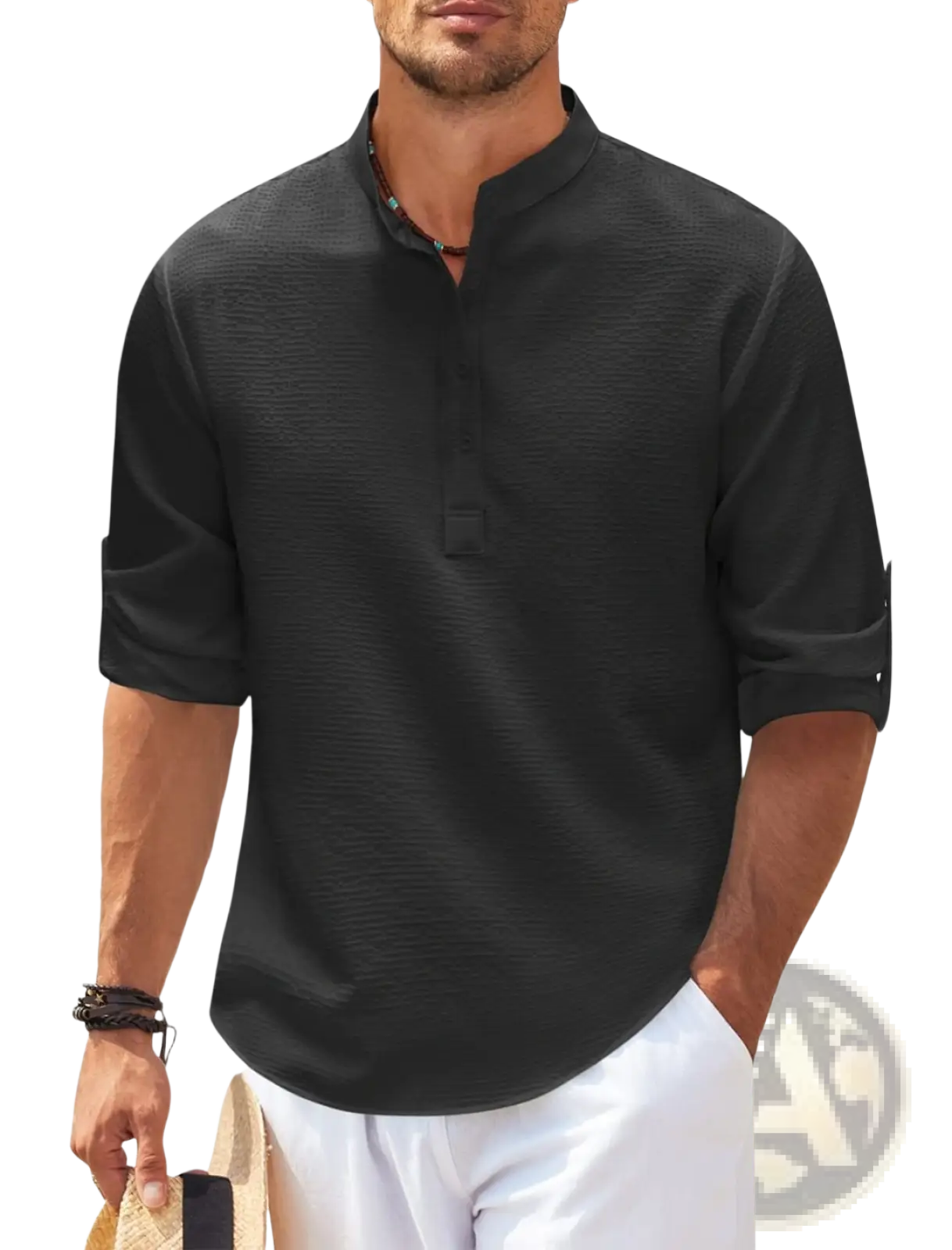 Men's Casual Ribbed Cotton Blend Stand Collar Shirt