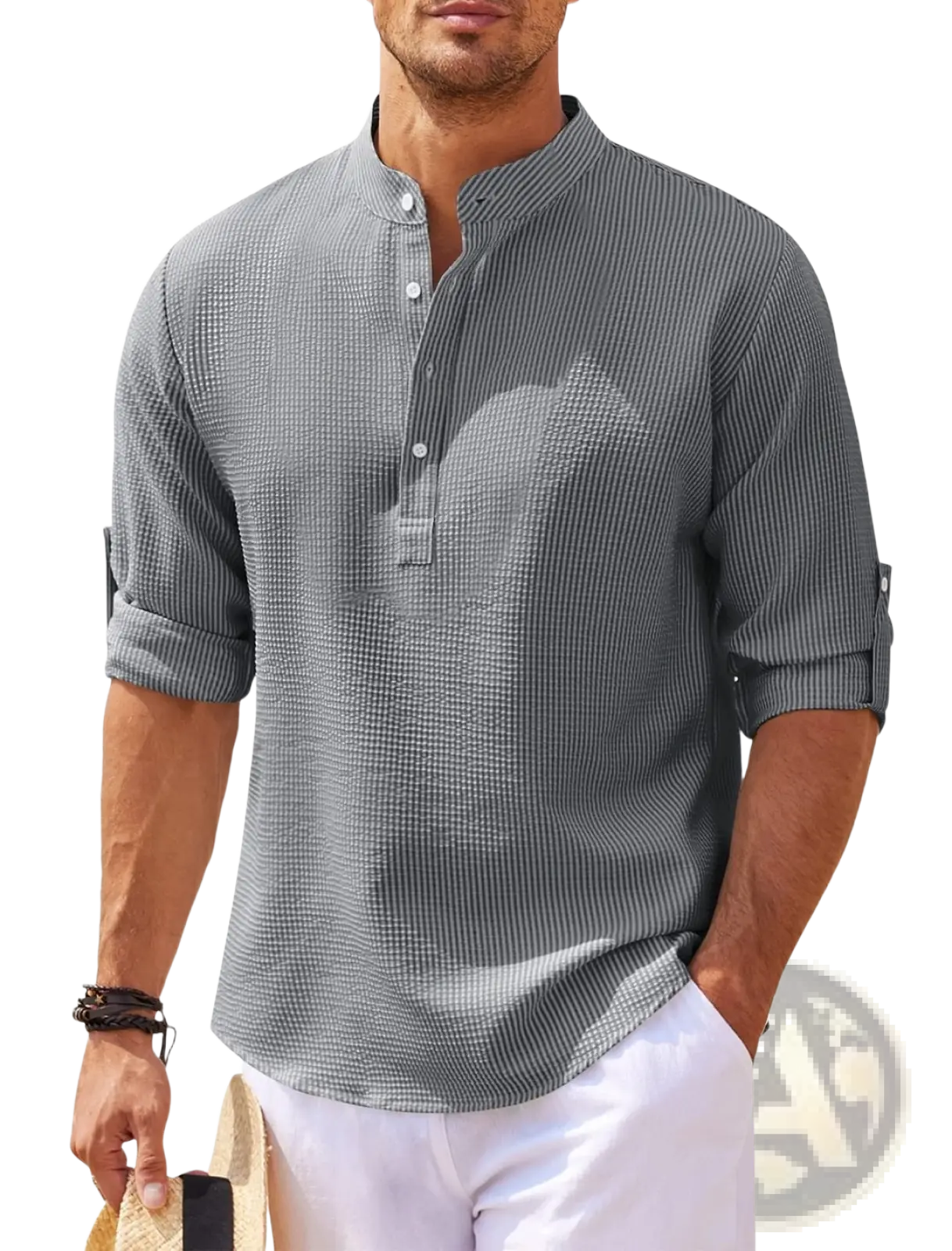 Men's Casual Ribbed Cotton Blend Stand Collar Shirt
