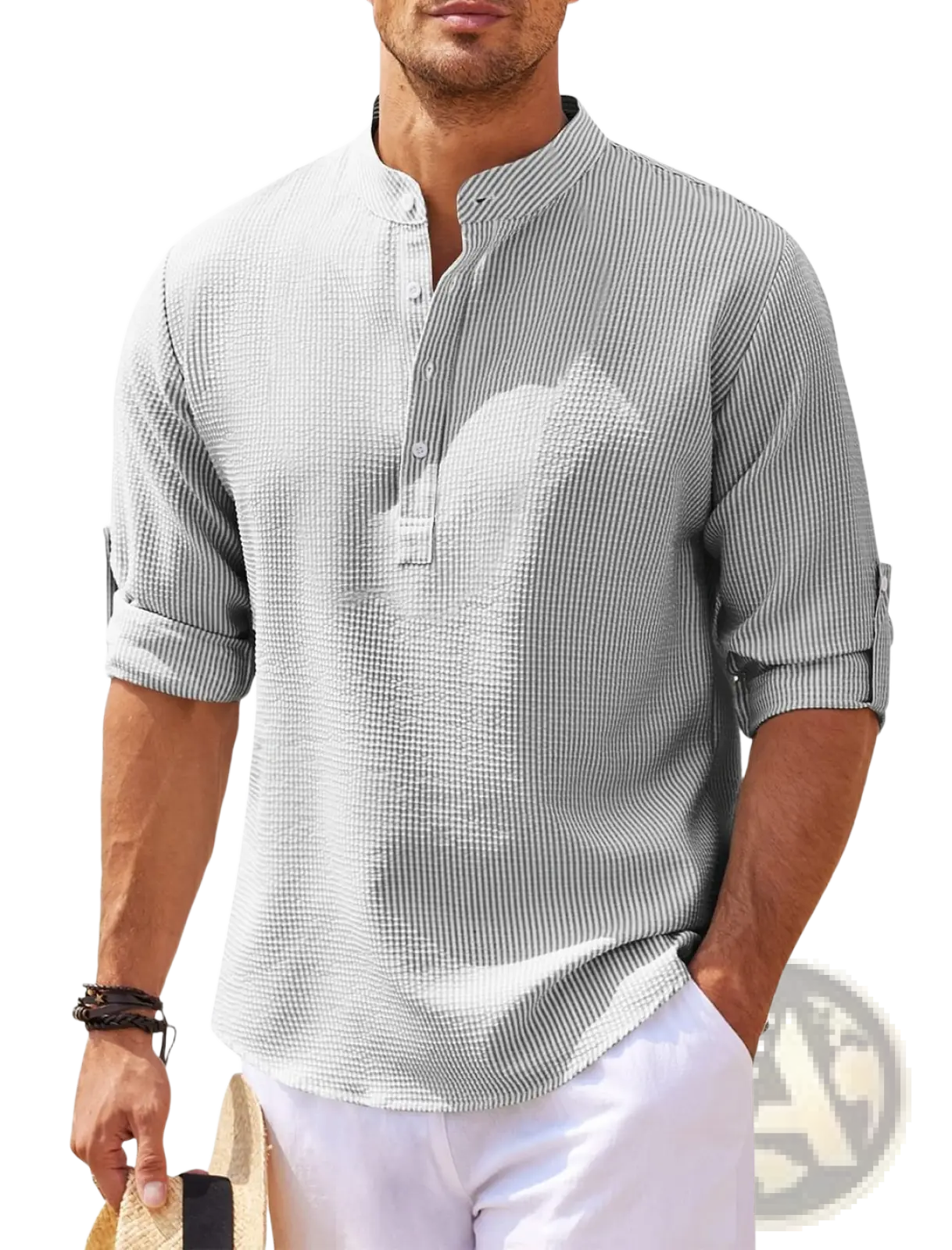 Men's Casual Ribbed Cotton Blend Stand Collar Shirt