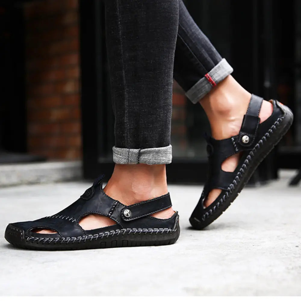 Men's Brown Woven Leather Closed Toe Beach Sandals