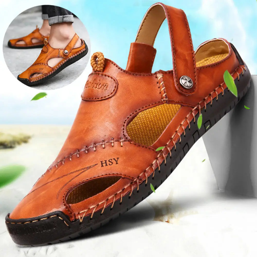 Men's Brown Woven Leather Closed Toe Beach Sandals