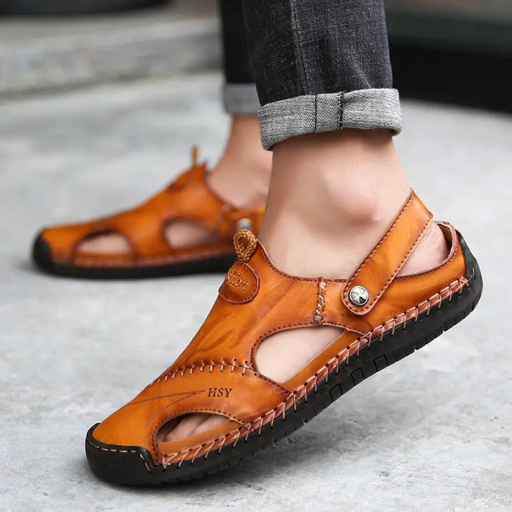 Men's Brown Woven Leather Closed Toe Beach Sandals