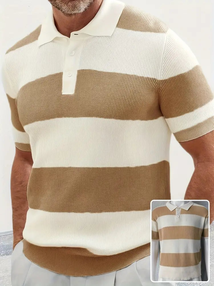 Men's Striped Ribbed Knit Short Sleeve Polo Sweater
