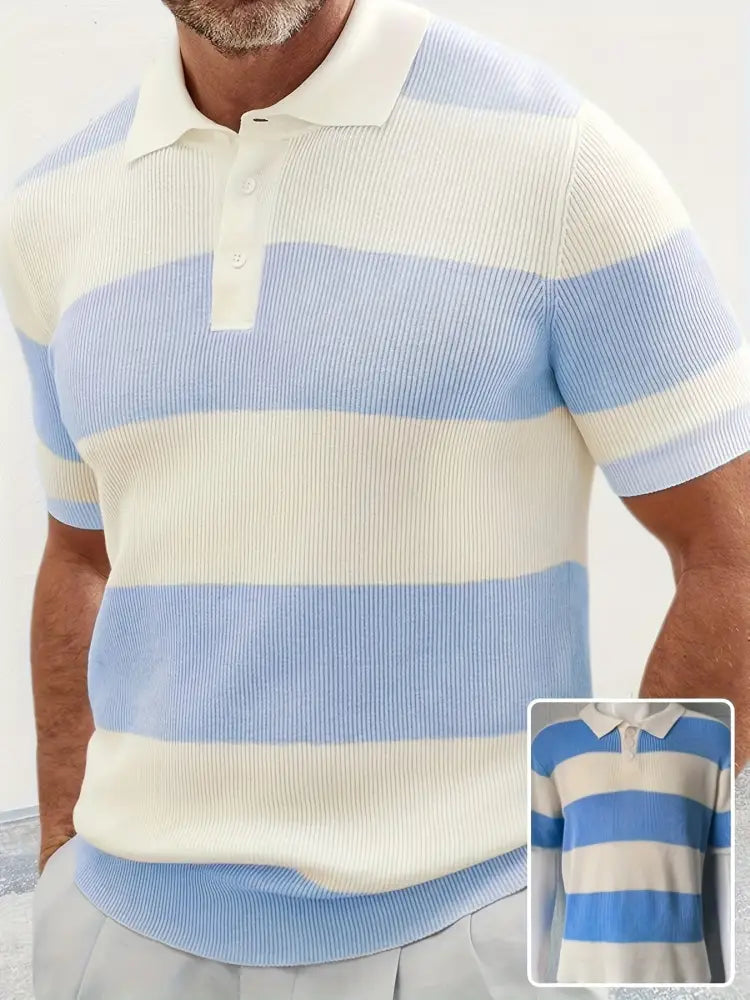 Men's Striped Ribbed Knit Short Sleeve Polo Sweater