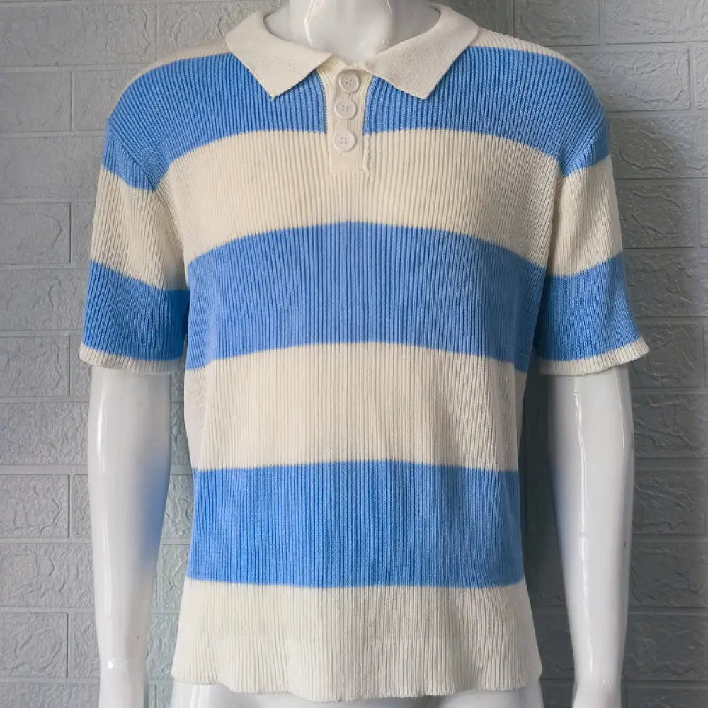 Men's Striped Ribbed Knit Short Sleeve Polo Sweater