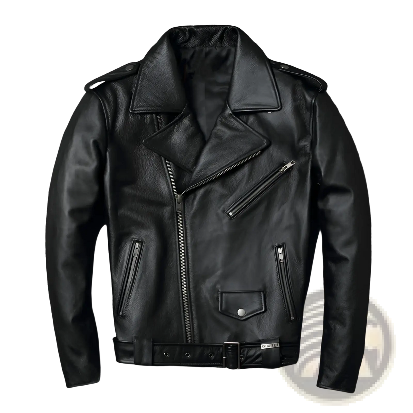 Men's Cowhide Leather Motorcycle Biker Jacket with Lapels