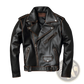 Men's Cowhide Leather Motorcycle Biker Jacket with Lapels