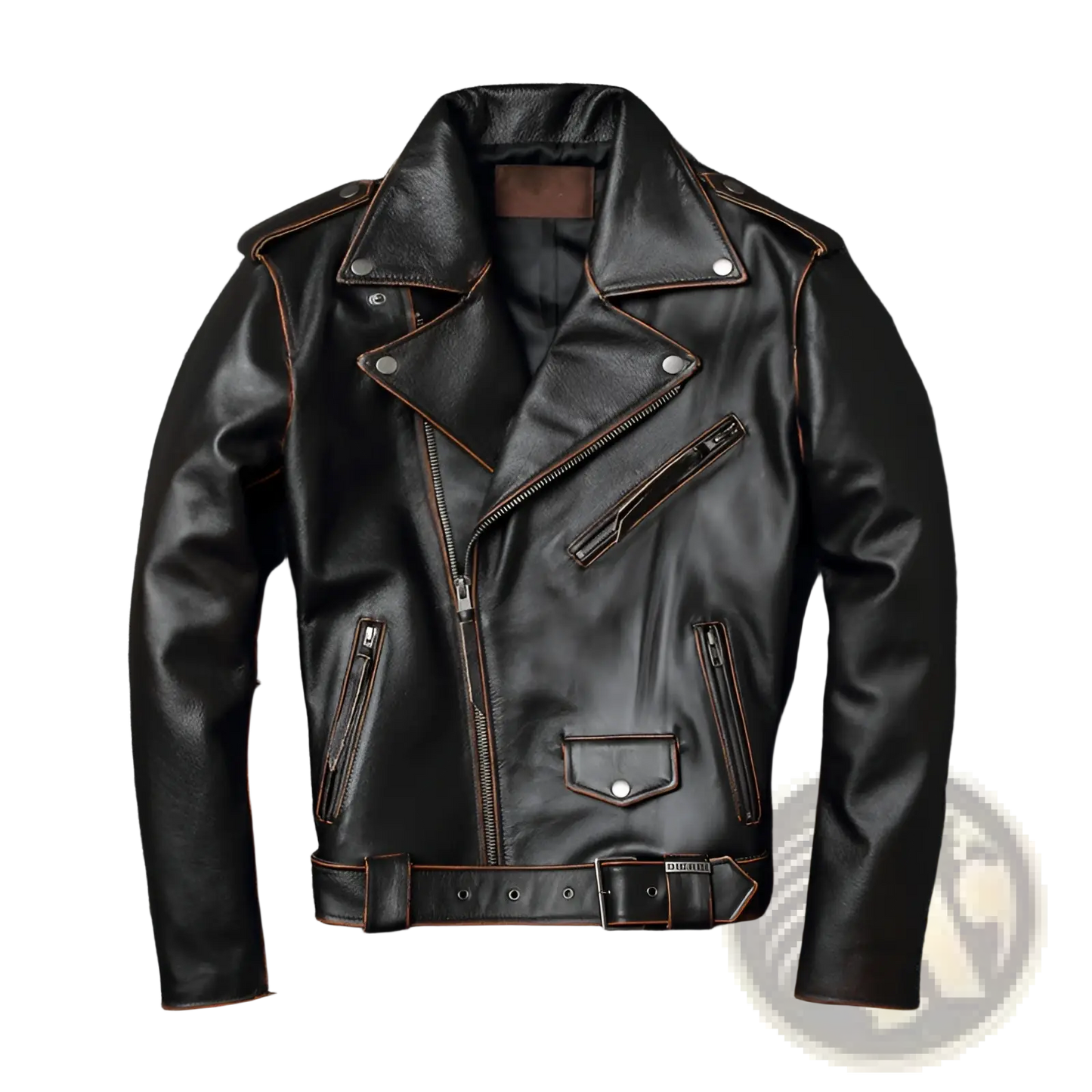 Men's Cowhide Leather Motorcycle Biker Jacket with Lapels
