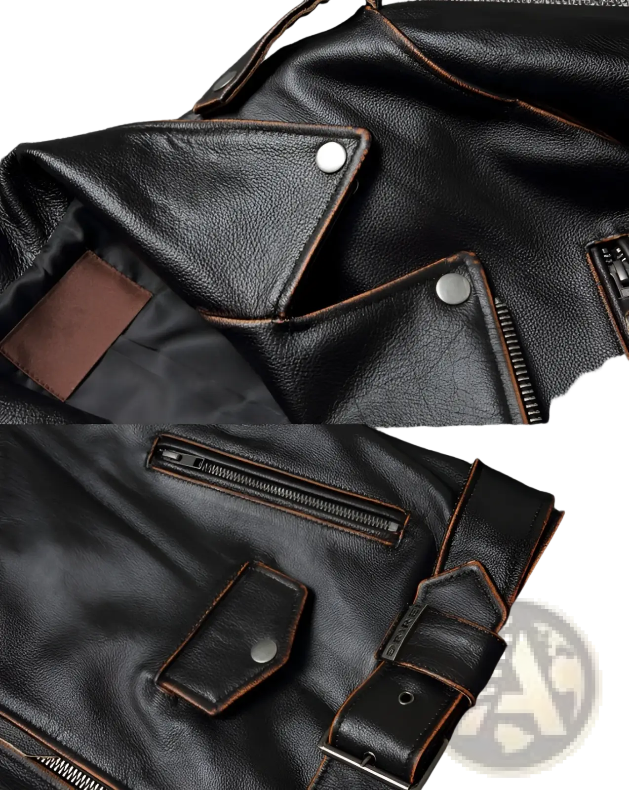 Men's Cowhide Leather Motorcycle Biker Jacket with Lapels