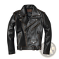Men's Cowhide Leather Motorcycle Biker Jacket with Lapels