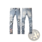 Men's Distressed Slim Fit Patchwork Denim Jeans