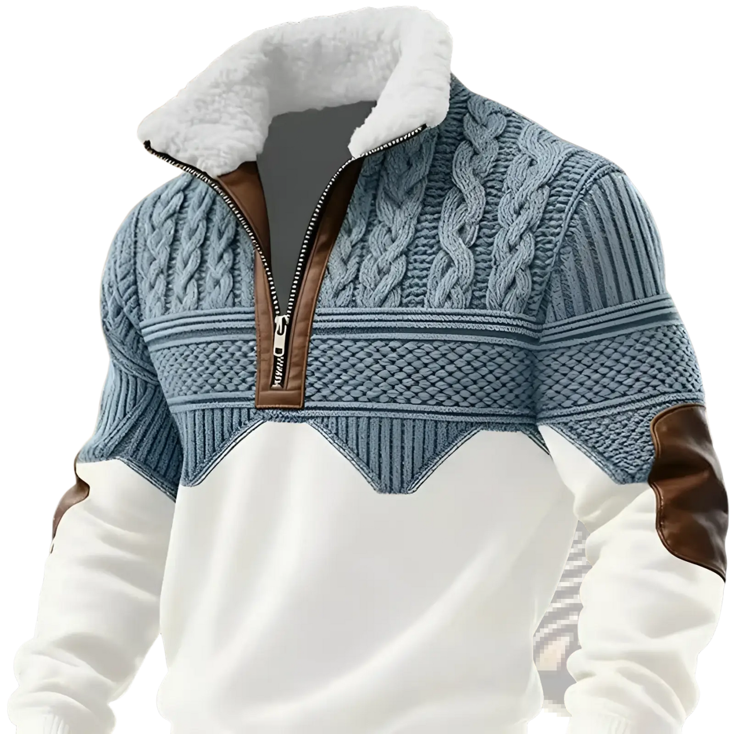 Men's Faux Fur Trim Cable Knit Half Zip Sweater