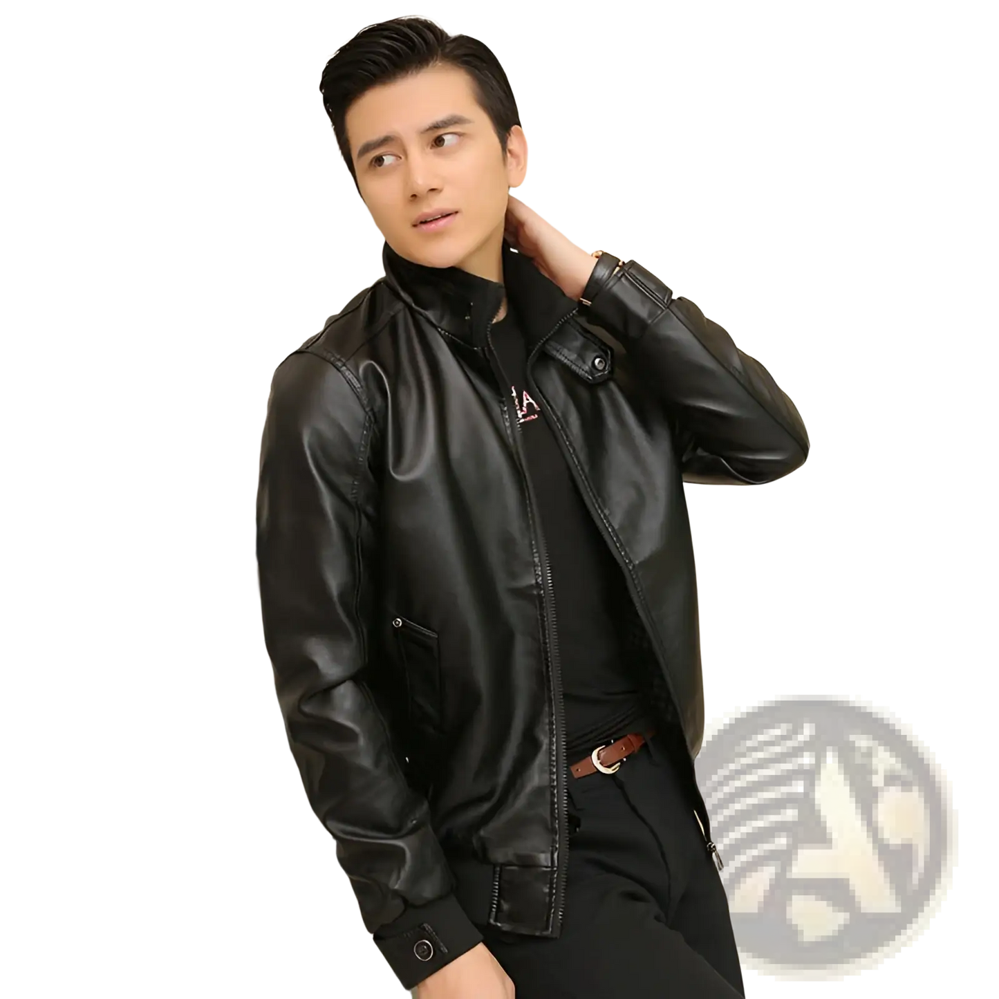 Men's Faux Leather Bomber Jacket with Stand Collar