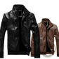 Men's Faux Leather Bomber Jacket with Stand Collar