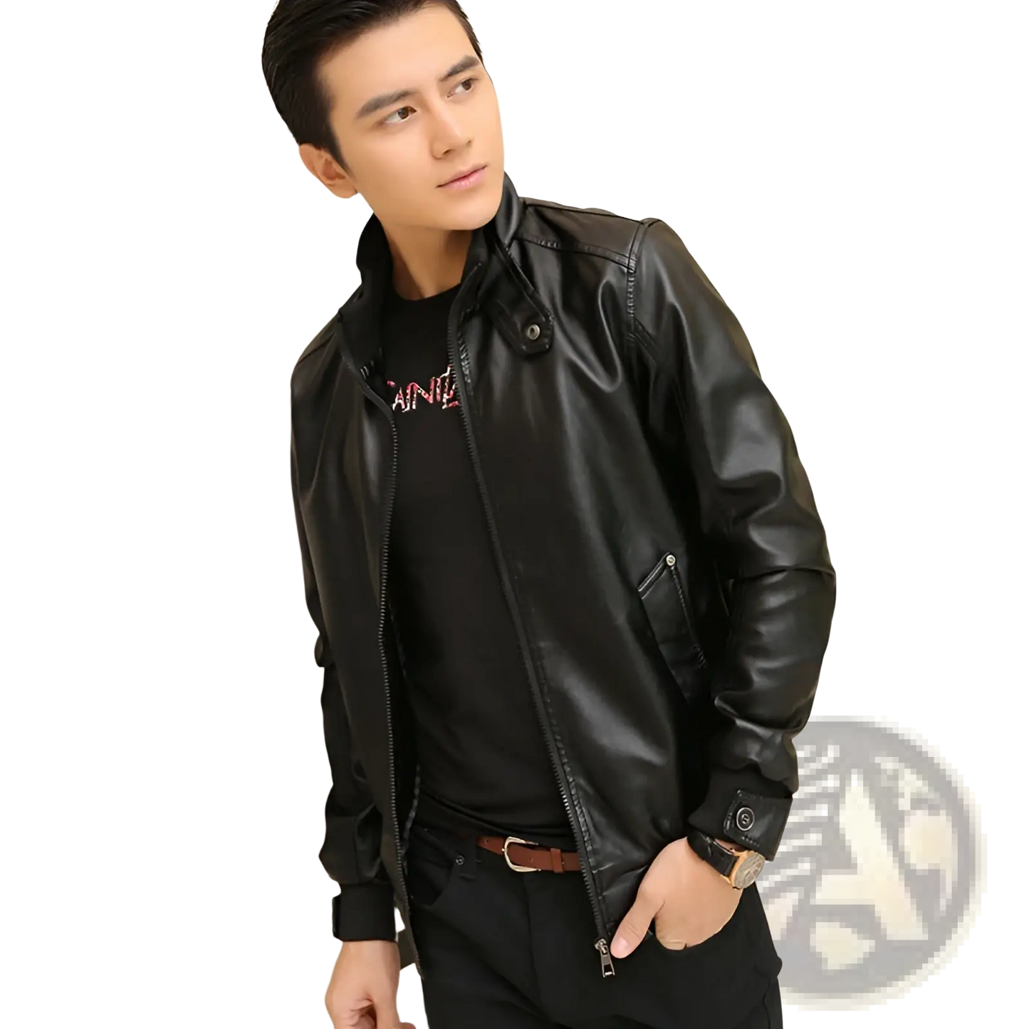 Men's Faux Leather Bomber Jacket with Stand Collar