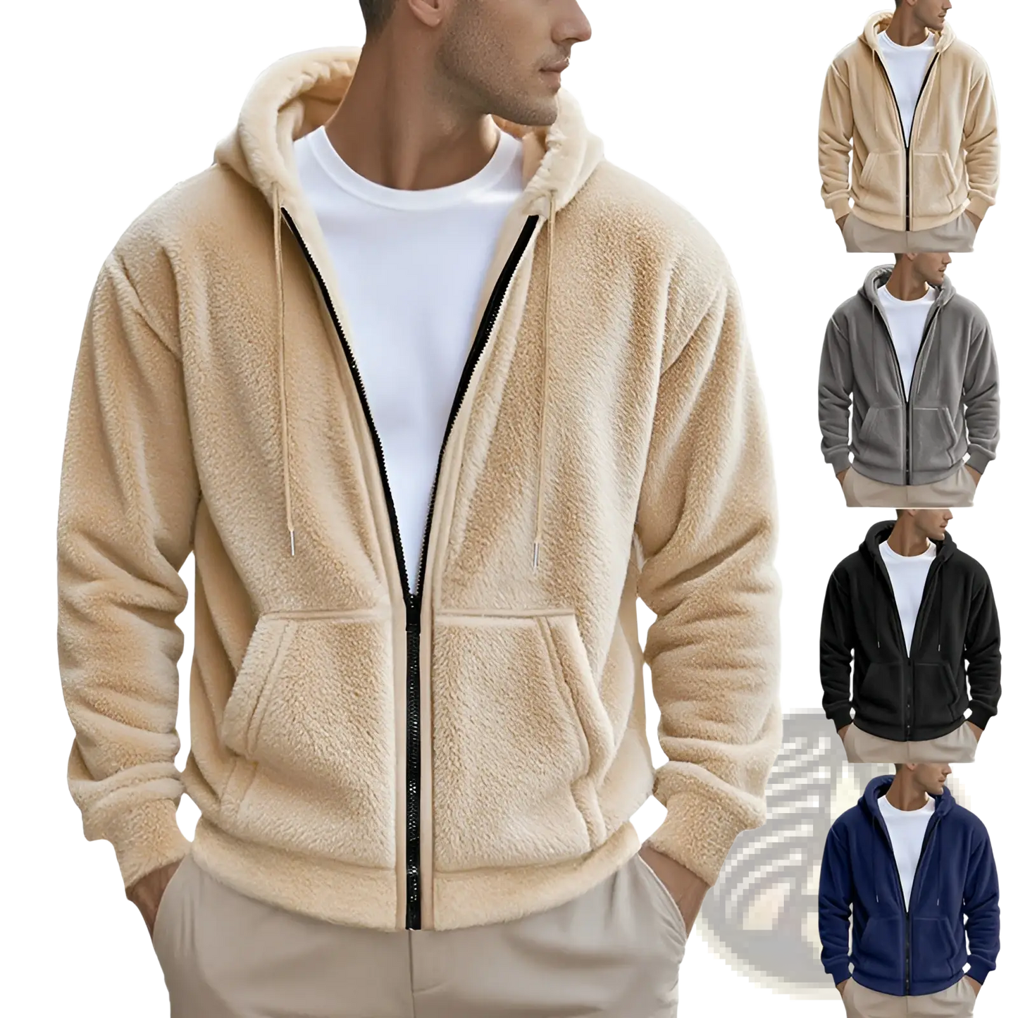 Men's Fleece Lined Loose Zip Up Hooded Jacket