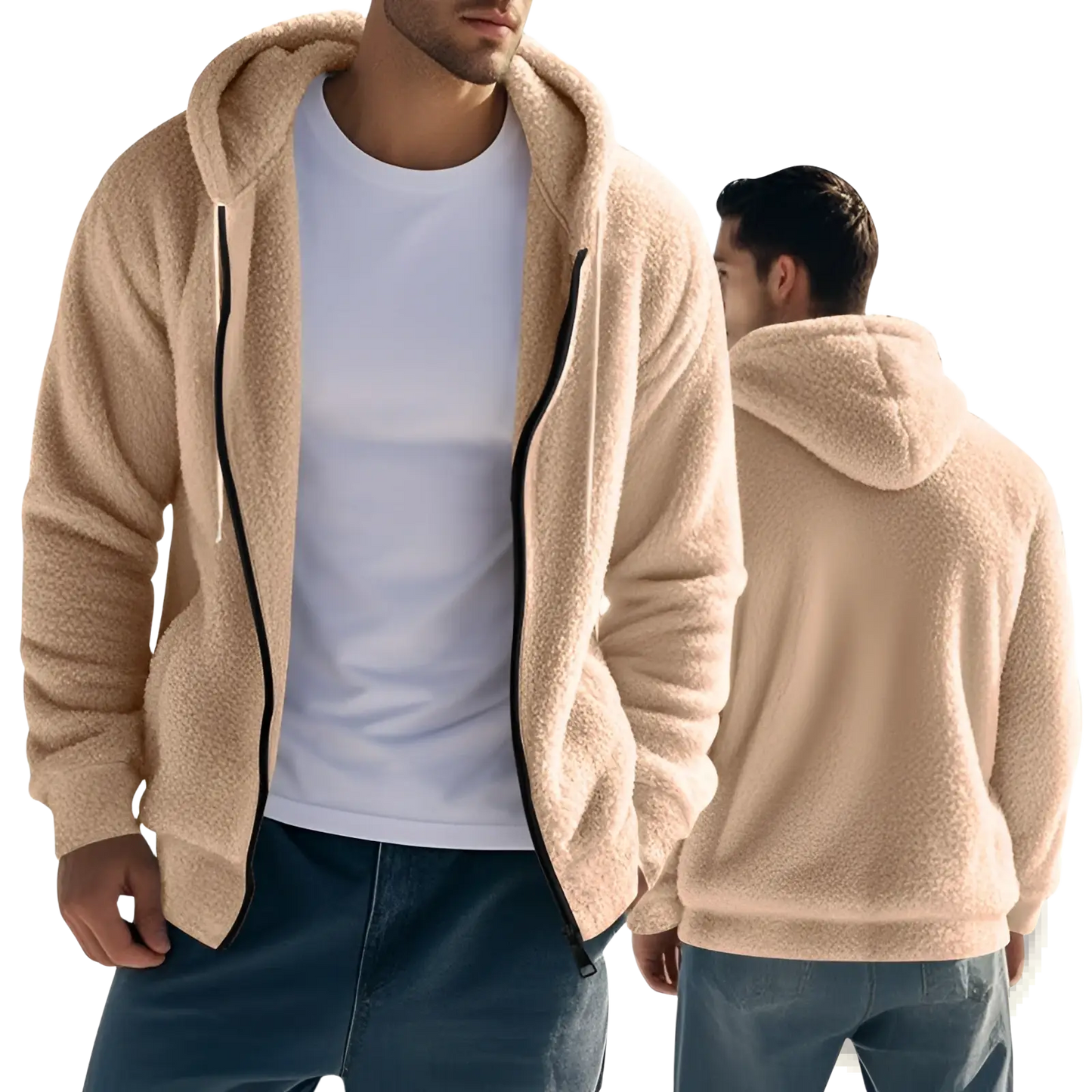 Men's Fleece Lined Loose Zip Up Hooded Jacket