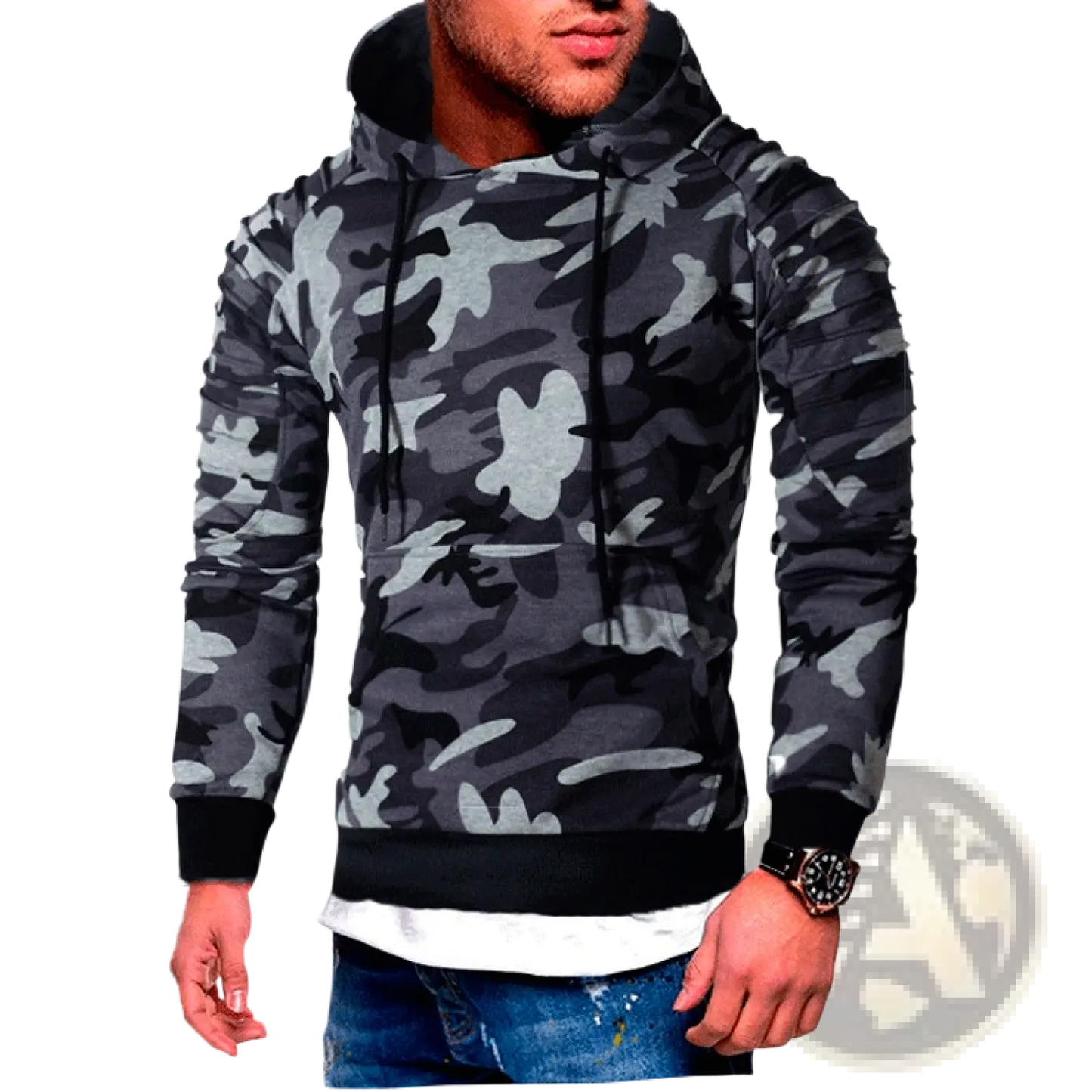 Men's Gray Camo Pleated Raglan Sleeve Hoodie