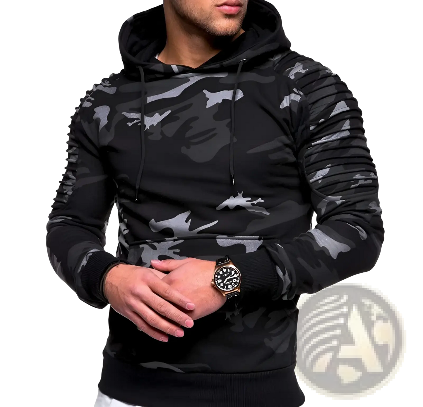 Men's Gray Camo Pleated Raglan Sleeve Hoodie