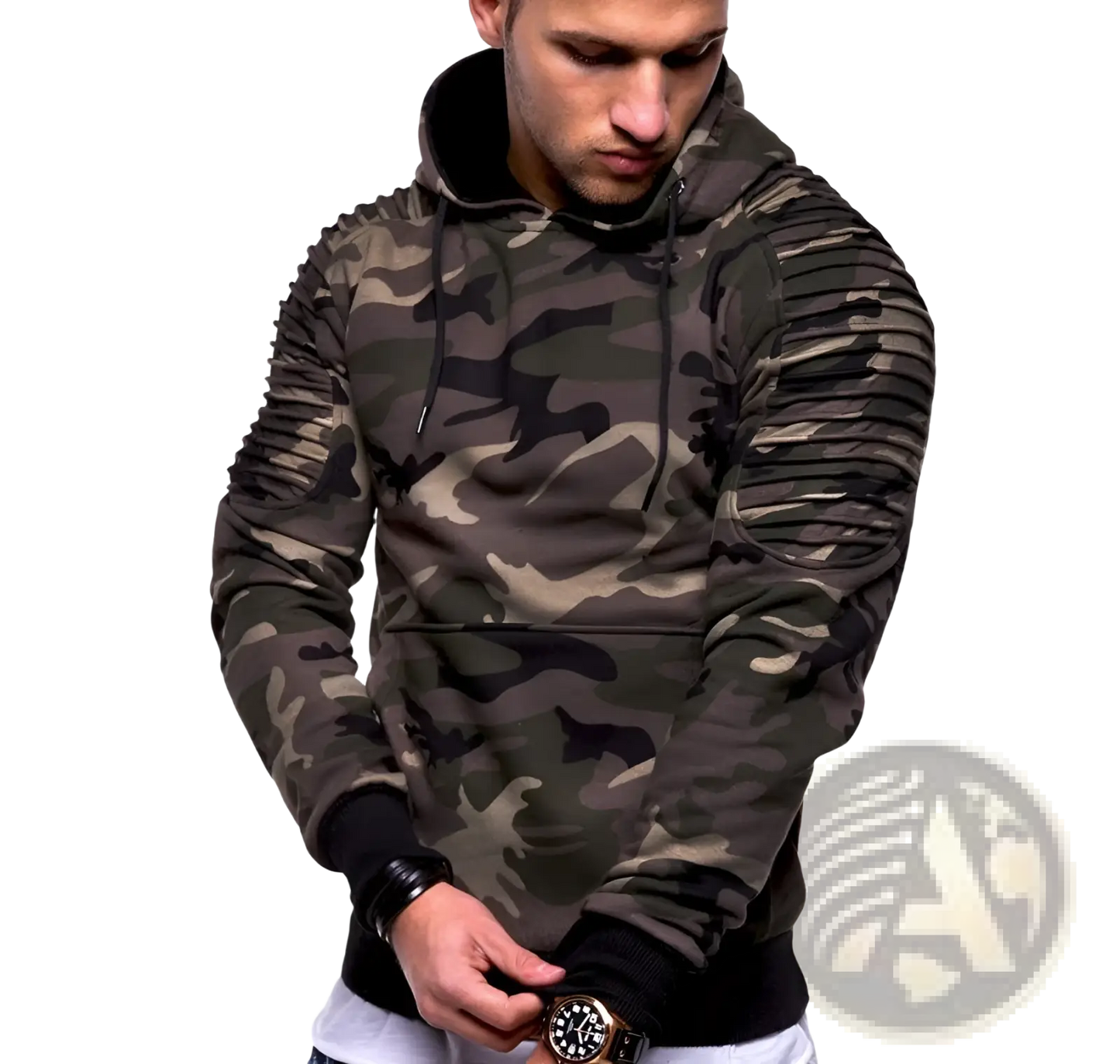 Men's Gray Camo Pleated Raglan Sleeve Hoodie