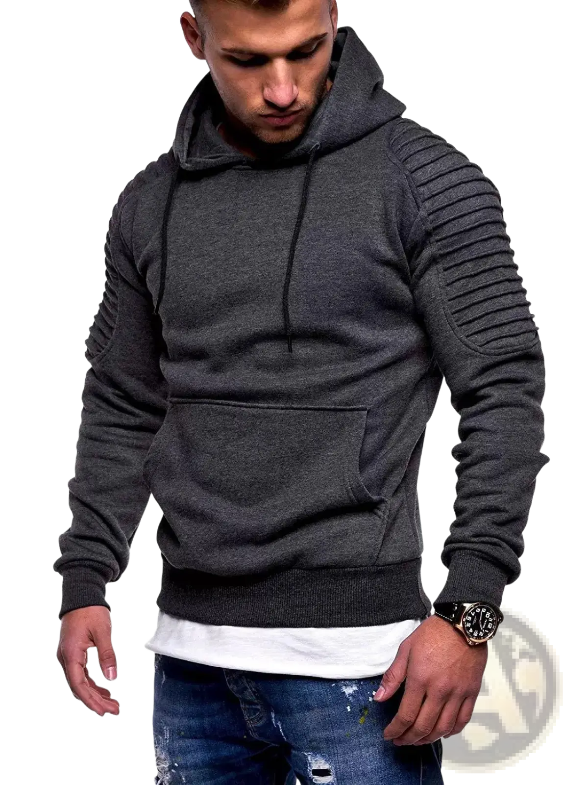Men's Gray Camo Pleated Raglan Sleeve Hoodie