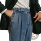 Men's High Waisted Pleated Relaxed Fit Blue Denim Trousers
