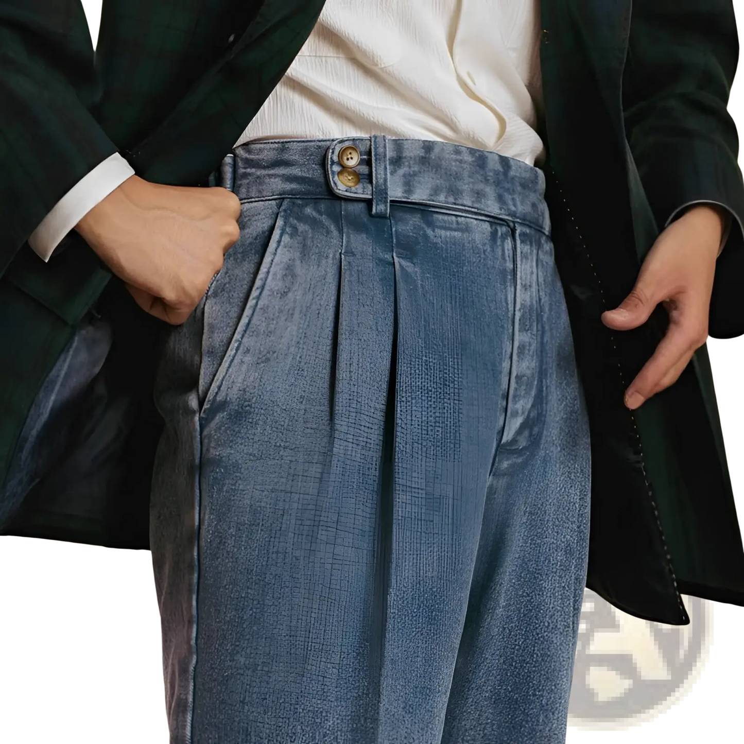 Men's High Waisted Pleated Relaxed Fit Blue Denim Trousers