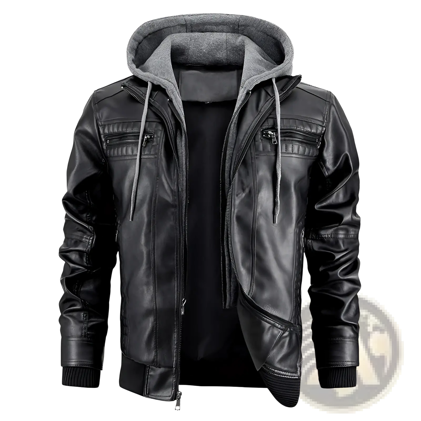 Men's Hooded Pu Leather Jacket with Fleece Lining