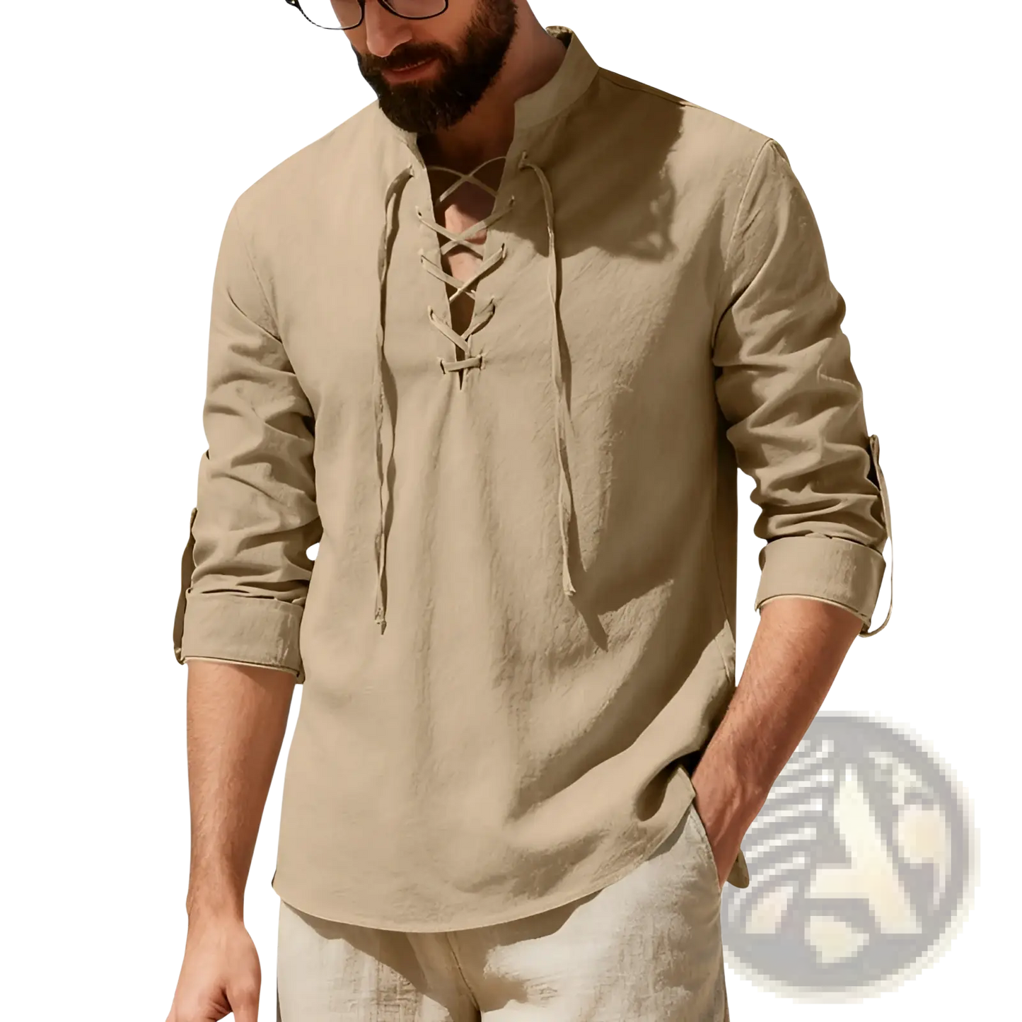 Men's Lace Up Linen Henley Shirt with Roll Up Sleeves