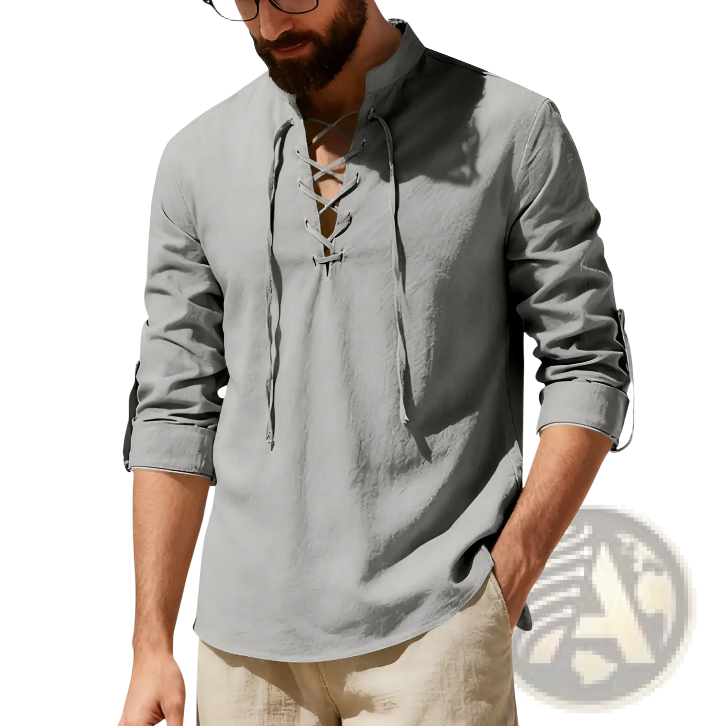 Men's Lace Up Linen Henley Shirt with Roll Up Sleeves